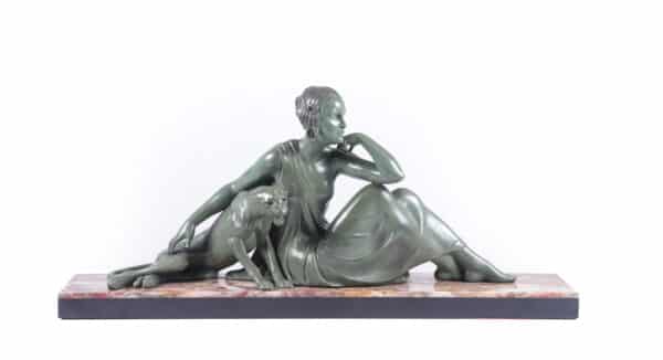 Art Deco Sculpture lady and Panther by Armand Godard c 1930 Antique Art 3