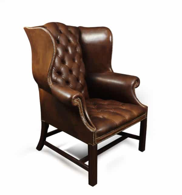 Georgian Style Brown Buttoned Leather Wing Chair