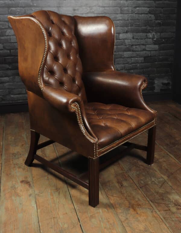 Georgian Style Brown Buttoned Leather Wing Chair - Image 9