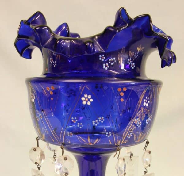 Antique Victorian Pair of Bristol Blue Mantle Lustres bristol blue Antique Glassware 8