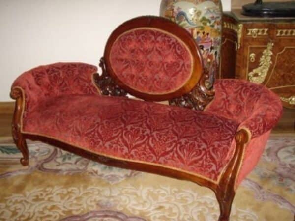 Sofa Victorian Style Mahogany Re Upholstered Burgundy Deep Pile Brocade & Sprung Settee Base - Image 2