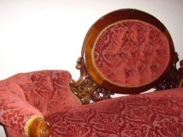 Sofa Victorian Style Mahogany Re Upholstered Burgundy Deep Pile Brocade & Sprung Settee Base - Image 3