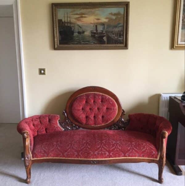 Sofa Victorian Style Mahogany Re Upholstered Burgundy Deep Pile Brocade & Sprung Settee Base - Image 7