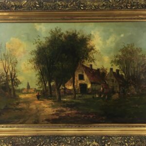 Barbizon School French Rural Farmyard Scene 19th Century Landscape Oil Painting On Panel Antique Art