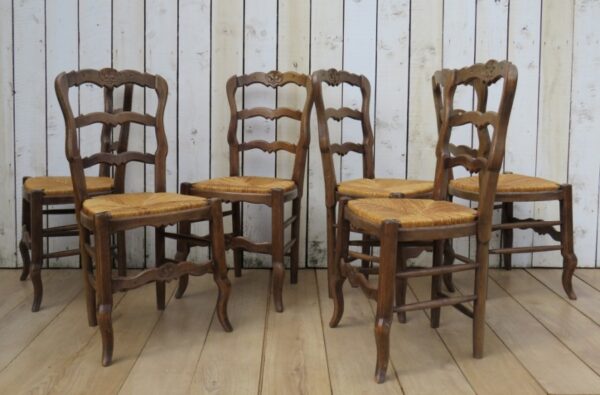 Set Of Six Oak & Rush Seated Dining Chairs dining chairs Antique Chairs 6