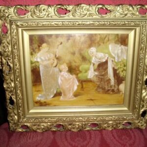 19th Century Victorian Genre Oil Painting Of Mother Plating A Mandolin To Her Daughter & Friends Being Presented In The Original Wooden Plaster & Gilt Pierced Frame 13.25 X 15.5 Inches Antique Art