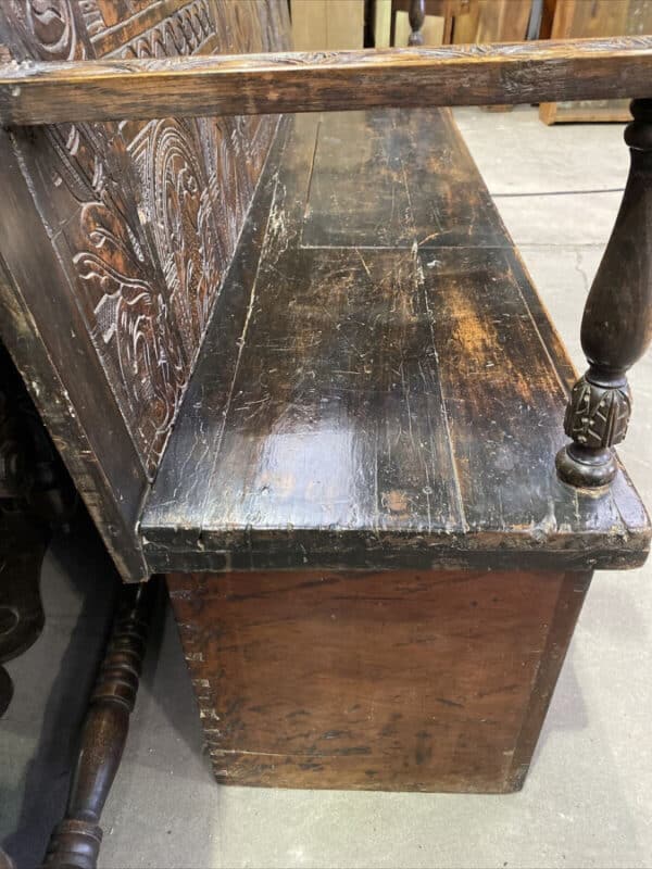 Queen Anne Period Oak Carved Coat of Arms Settle Marriage Dowry Bench, c 1700 Dowry Bench Miscellaneous 10