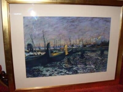 Venice Moonlight Pastel & Gouache Paintings Ink Pen Drawings of Gondolas Grand Canal Pastel & Gouache Antique Art 3