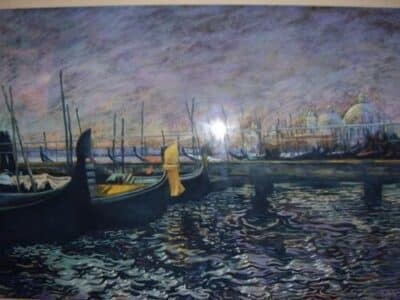 Venice Moonlight Pastel & Gouache Paintings Ink Pen Drawings of Gondolas Grand Canal Pastel & Gouache Antique Art 7