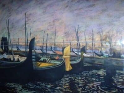 Venice Moonlight Pastel & Gouache Paintings Ink Pen Drawings of Gondolas Grand Canal Pastel & Gouache Antique Art 8