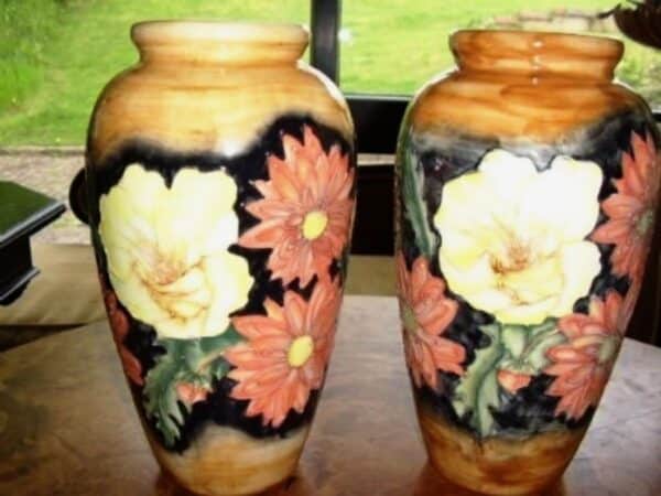 Pair Porcelain Glazed Florian Ware Antique Vases Antique Ceramics 3