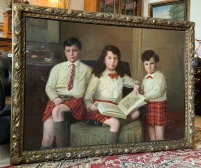 Scottish Family Antique Portrait Painting Of Children Wearing Red Tartan Kilts