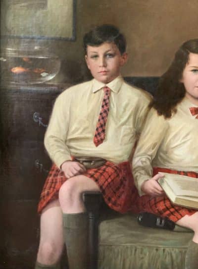 Scottish Family Antique Portrait Painting Of Children Wearing Red Tartan Kilts - Image 11