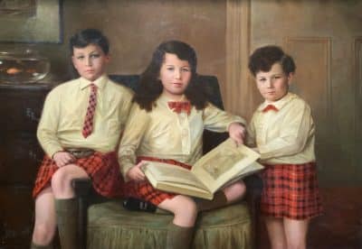 Scottish Family Antique Portrait Painting Of Children Wearing Red Tartan Kilts - Image 2