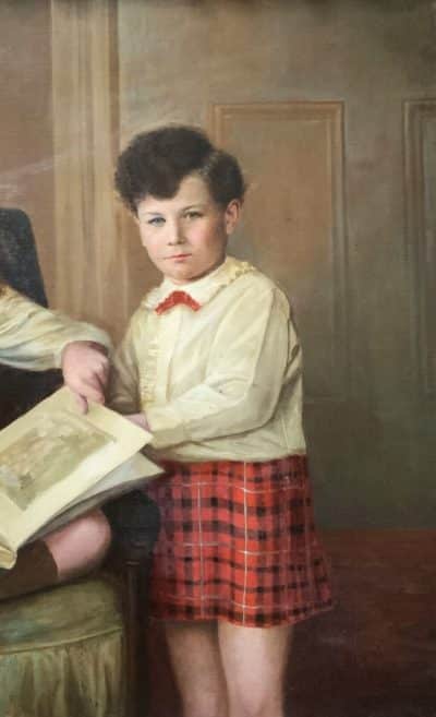 Scottish Family Antique Portrait Painting Of Children Wearing Red Tartan Kilts - Image 3