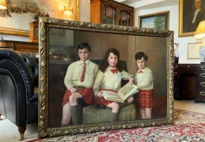 Scottish Family Antique Portrait Painting Of Children Wearing Red Tartan Kilts - Image 6