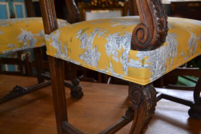 Pair of French Armchairs in Gold Toile de Jouy fabric Antique Chairs 13