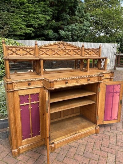 Gothic Revival Oak Sideboard Credenza church Antique Cabinets 9