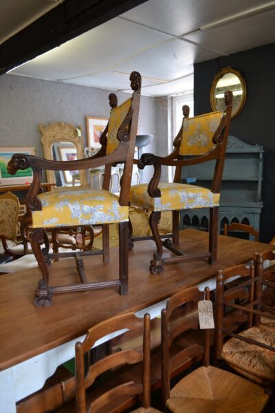 Pair of French Armchairs in Gold Toile de Jouy fabric Antique Chairs 6