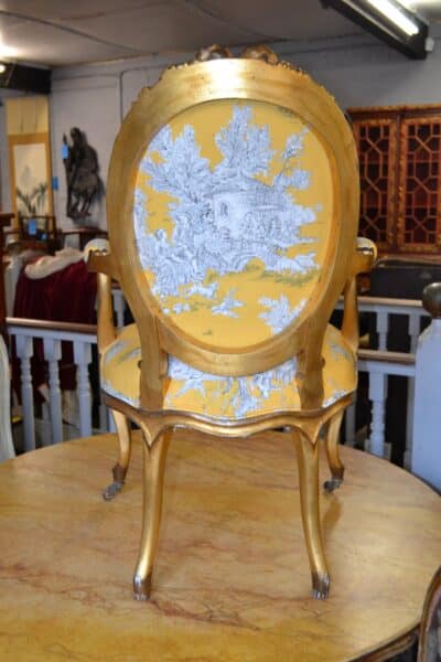 French Gilt Fauteuil upholstered in Gold Toile de Jouy fabric Antique Chairs 7