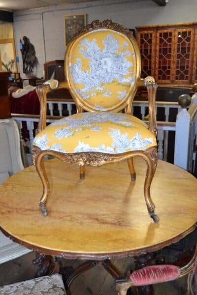 French Gilt Fauteuil upholstered in Gold Toile de Jouy fabric Antique Chairs 3