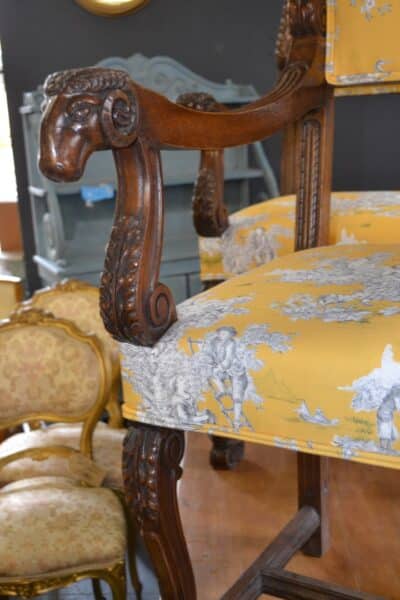 Pair of French Armchairs in Gold Toile de Jouy fabric Antique Chairs 4
