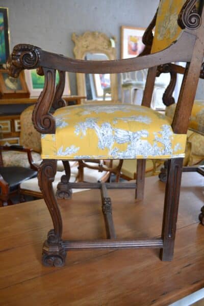 Pair of French Armchairs in Gold Toile de Jouy fabric Antique Chairs 8
