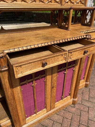 Gothic Revival Oak Sideboard Credenza church Antique Cabinets 15