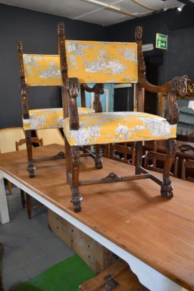 Pair of French Armchairs in Gold Toile de Jouy fabric Antique Chairs 3