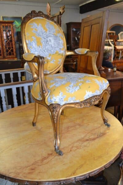 French Gilt Fauteuil upholstered in Gold Toile de Jouy fabric Antique Chairs 4