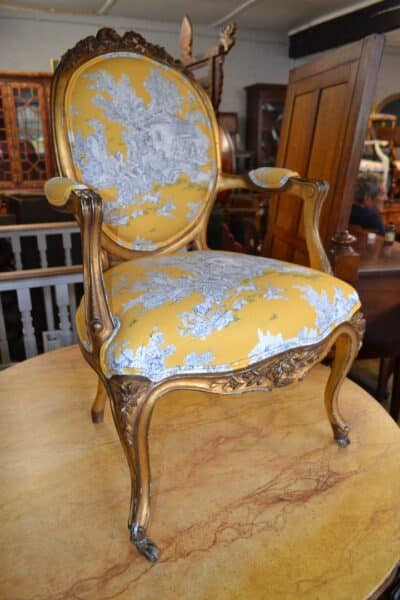 French Gilt Fauteuil upholstered in Gold Toile de Jouy fabric Antique Chairs 9