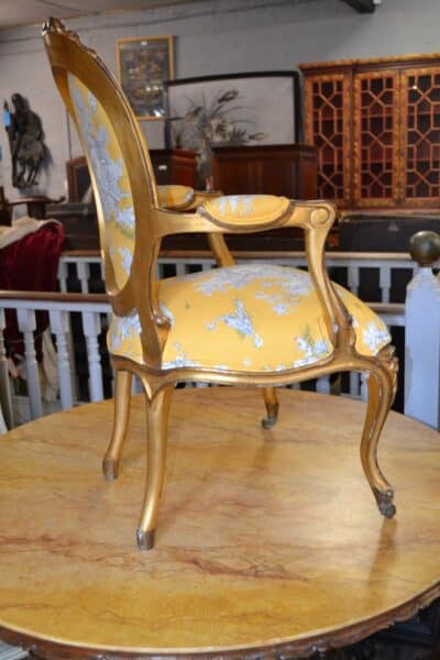 French Gilt Fauteuil upholstered in Gold Toile de Jouy fabric Antique Chairs 8