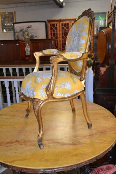 French Gilt Fauteuil upholstered in Gold Toile de Jouy fabric Antique Chairs 6
