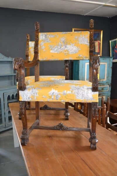 Pair of French Armchairs in Gold Toile de Jouy fabric Antique Chairs 14