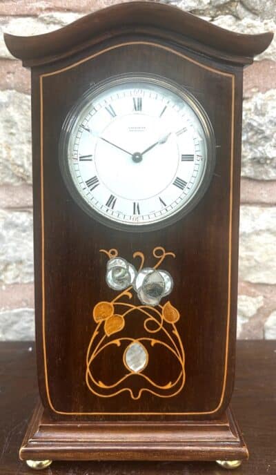 Art Nouveau Mahogany Edwardian Timepiece Clock MOP Tulip Inlay art nouveau Antique Clocks 4