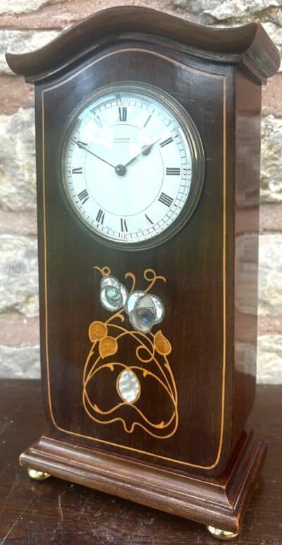 Art Nouveau Mahogany Edwardian Timepiece Clock MOP Tulip Inlay art nouveau Antique Clocks 5