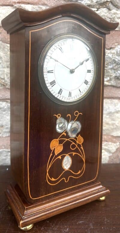 Art Nouveau Mahogany Edwardian Timepiece Clock MOP Tulip Inlay art nouveau Antique Clocks 6