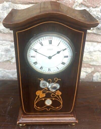 Art Nouveau Mahogany Edwardian Timepiece Clock MOP Tulip Inlay art nouveau Antique Clocks 7