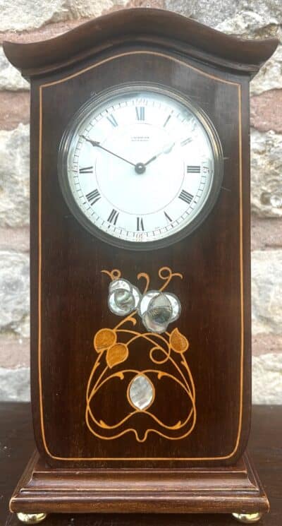 Art Nouveau Mahogany Edwardian Timepiece Clock MOP Tulip Inlay art nouveau Antique Clocks 12