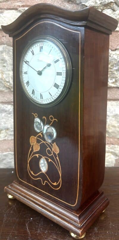 Art Nouveau Mahogany Edwardian Timepiece Clock MOP Tulip Inlay art nouveau Antique Clocks 8