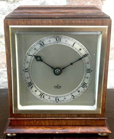 Antique Elliott 8-Day Mantel Clock – Oak Cased Clock Silver Dial Signed Elliott