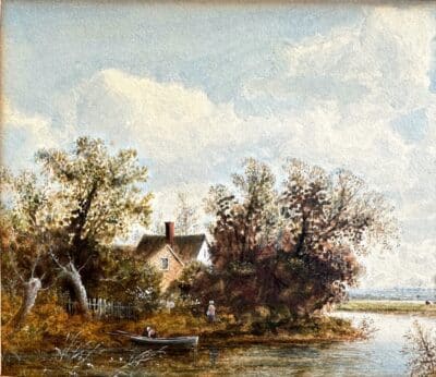 Original watercolour and gouache of a river scene with a cottage and 2 figures by Edward Beecham Lait. Signed and dated 1882. In its original gold mount. Unframed - Image 2