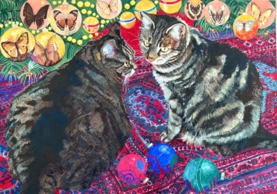 Original gouache ‘Cats on a red rug’ by Norma Jameson ROI. B.1933. Unframed. Antique Art 3