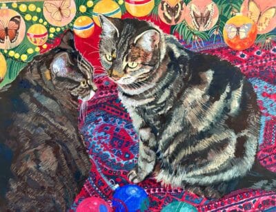 Original gouache ‘Cats on a red rug’ by Norma Jameson ROI. B.1933. Unframed. Antique Art 4