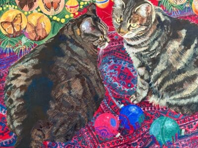 Original gouache ‘Cats on a red rug’ by Norma Jameson ROI. B.1933. Unframed. Antique Art 5