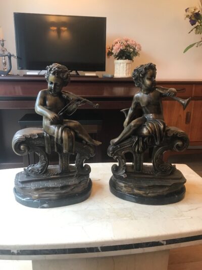 Large Pair Bronze Cherub Musicians On Black Marble Plinths cherubs Bronzes Silver Metals 17