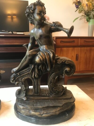 Large Pair Bronze Cherub Musicians On Black Marble Plinths cherubs Bronzes Silver Metals 15