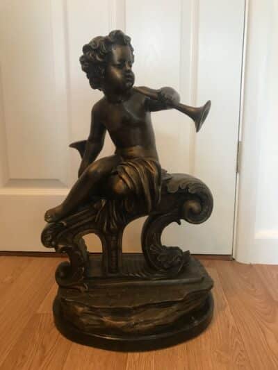 Large Pair Bronze Cherub Musicians On Black Marble Plinths cherubs Bronzes Silver Metals 16