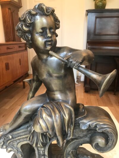 Large Pair Bronze Cherub Musicians On Black Marble Plinths cherubs Bronzes Silver Metals 10