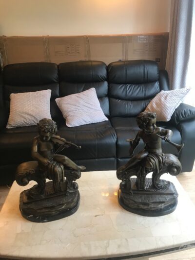 Large Pair Bronze Cherub Musicians On Black Marble Plinths cherubs Bronzes Silver Metals 14